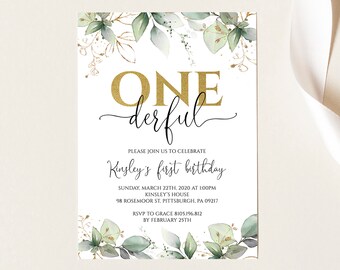 Invitación de 1er cumpleaños de Onederful, Invitación de primer cumpleaños de Greenery Gold, ONE Isn't She Onederful, Girls Birthday Party, Digital imprimible