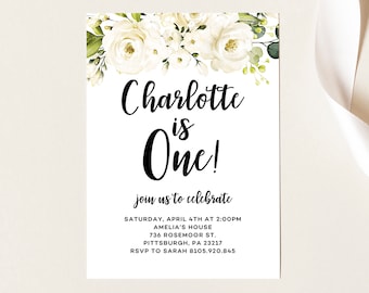 Una invitación de cumpleaños con rosas blancas, primera invitación de cumpleaños, Boho Floral, niña 1st cumpleaños, flores, imprimible