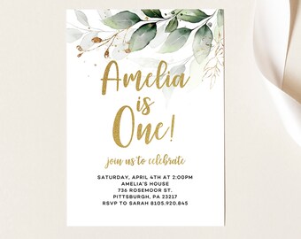 Greenery una invitación de cumpleaños, primera invitación de cumpleaños, Boho de oro botánico, chica moderna 1er cumpleaños, imprimible