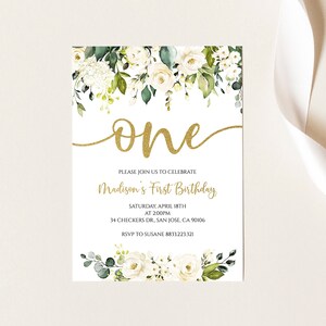 White Roses First Birthday Invitation, One Birthday Invitation, Gold, Boho Floral, Girl 1st Birthday, Flowers, Printable
