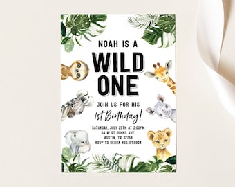 Invitación de animales de Safari, un cumpleaños salvaje para el niño, invitación de fiesta de Safari, cumpleaños de la selva, invitación imprimible, 1er cumpleaños