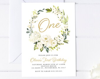 Primera invitación de cumpleaños rosas blancas, verde oro, Boho floral, niña 1er cumpleaños, flores, invitación de un cumpleaños, imprimible