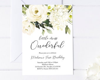 Miss Onederful Birthday, White Roses First Birthday Girl, Miss One-derful, ONE 1st Birthday Invitation for Girl, First Birthday invitation
