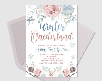 Invitación de Onederland, invitación de invierno onerland, primera invitación de cumpleaños, un cumpleaños, cumpleaños del país de las maravillas de invierno, oro rosa