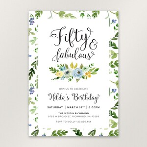 Convite de cinquenta aniversários, convite de cinquenta e fabuloso, convite de aniversário adulto para mulher, convite de aniversário floral, para impressão