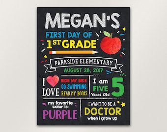 Może przedstawiać: Tablica szkolna z napisem "MEGAN'S FIRST DAY OF 1ST GRADE" i "PARKSIDE ELEMENTARY AUGUST 28, 2017". Tablica zawiera również ilustracje czerwonego jabłka, ołówka, serca i liczby 5.