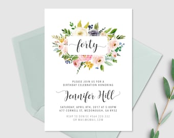 40th Birthday Invitation, Watercolor Invitation for Women, Floral Invitation, 30th 40th 50th 60th Birthday Invitation