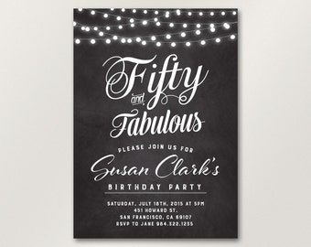 50th Birthday Invitation // String Lights Invitation // Chalkboard Invitation for Women // Printable Birthday Invitation