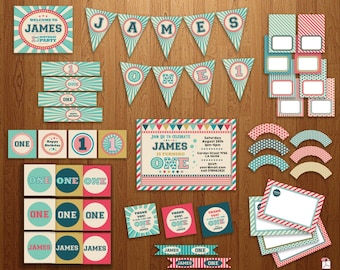 Boy First Birthday Party Pack // First Birthday Invitation // Second Birthday // Red, Blue and Green // 1st Birthday Party