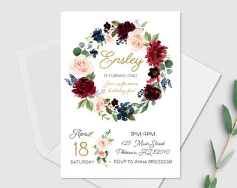 Boho Borgoña invitación de cumpleaños, oro floral primera invitación de cumpleaños, chica 1er cumpleaños, flores, una invitación de cumpleaños, imprimible