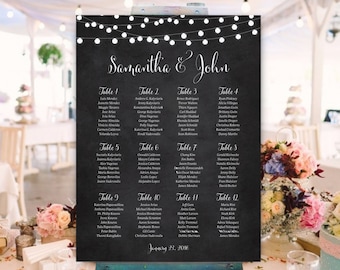 Tabla de asientos de la boda, boda de la pizarra, tabla de asientos de linternas, luces de cuerda, plano de asientos, tabla de mesa, signo de asiento imprimible