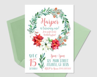 Invitación de cumpleaños de invierno chica, invitación de cumpleaños boho, primera invitación de cumpleaños, flores, invitación de cumpleaños del País de las Maravillas de invierno