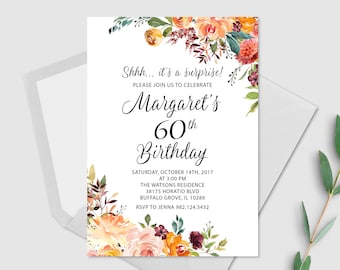 Invitación sorpresa de cumpleaños, invitación de cumpleaños 60, cumpleaños de las mujeres, invitación de cumpleaños floral de Boho, personalizado, archivos digitales