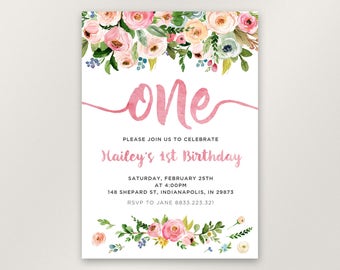 Blush Pink Floral 1st Birthday Invitation, Girl First Birthday Invitation, One Birthday Invitation Card, Watercolor Flowers, Digital File, P