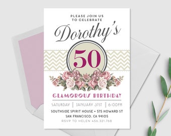 40th, 50th, 60th, 70th 80th Birthday Invitation, Woman Birthday Invitation, Glamorous Birthday Invitation, Floral Invitation