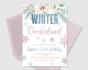 Invitación de Onederland, invitación del país de las maravillas de invierno, primera invitación de cumpleaños, un cumpleaños, oro rosa, cumpleaños de copos de nieve
