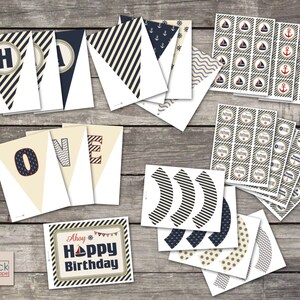 May include: Printable nautical themed party decorations for a first birthday. The set includes a banner with the letters "Happy Birthday", a banner with the word "One", cupcake toppers, and cupcake wrappers.