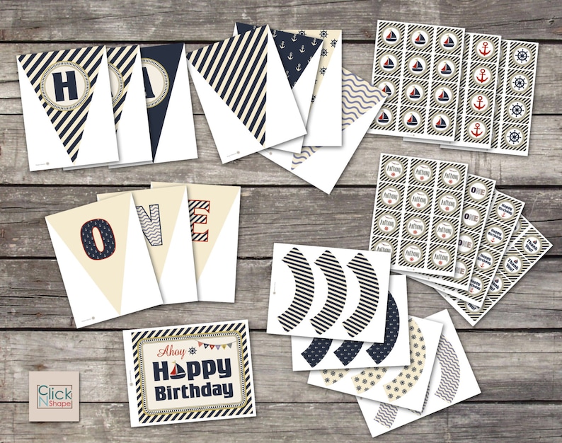 Nautical Birthday Party Pack Boy First Birthday Party Pack Nautical Theme Pack Nautical Birthday Invitation Printable Party Pack