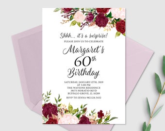 60 cumpleaños invitación mujeres cumpleaños, Borgoña, invitación de cumpleaños sorpresa, invitación de cumpleaños floral, personalizado, archivos digitales