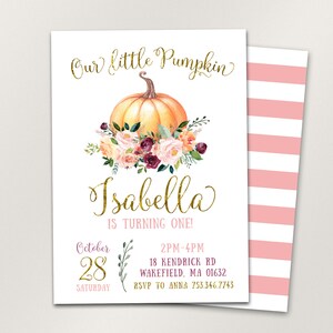 Invito di compleanno di zucca, invito di compleanno di zucca piccola, zucca primo compleanno invito, invito di compleanno di caduta, file digitali