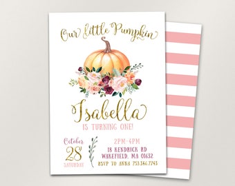Invitación de cumpleaños de calabaza, invitación de cumpleaños de calabaza pequeña, primera invitación de cumpleaños de calabaza, invitación de cumpleaños de otoño, archivos digitales