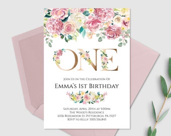 Primera invitación de cumpleaños, invitación de 1er cumpleaños para niña, letras de oro rosa rubor, floral, flores de primavera, invitación imprimible