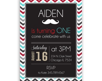 Boy First Birthday Invitation // Boy Second Birthday // Chevron Invite // Red, Blue, Grey, and Black  // First Birthday Printable Invitation