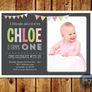 First Birthday Invitation // Girl First Birthday Invitation // Photo Invitation // Bunting Girl Birthday // Modern Pink and Green Invitation