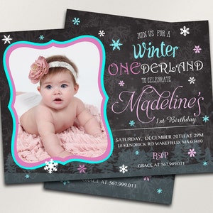 Onederland de invierno invitación, chica primer cumpleaños invitaciones, personalizadas cumpleaños, invitación de la pizarra, invitación imprimible personalizado