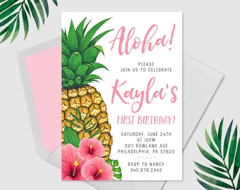 Pineapple Birthday Invitation, Tropical Aloha Birthday Invitation, Hawaiian Invitation, Luau Invitation, First Birthday Invitation, Summer