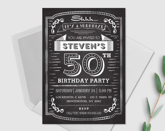 30a 40a 50a 60a invitación de cumpleaños para los hombres, invitación sorpresa de cumpleaños, invitación moderna de pizarra negra, diseño creativo