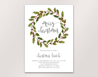 Christmas Invitation, Christmas Lunch Invitation, Christmas Party Invitation, Holiday Card, Christmas Dinner, Wreath, Printable Files