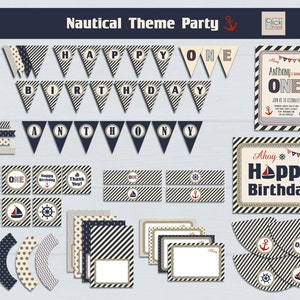 Nautical Birthday Party Pack // Boy First Birthday Party Pack // Nautical Theme Pack // Nautical Birthday Invitation // Printable Party Pack
