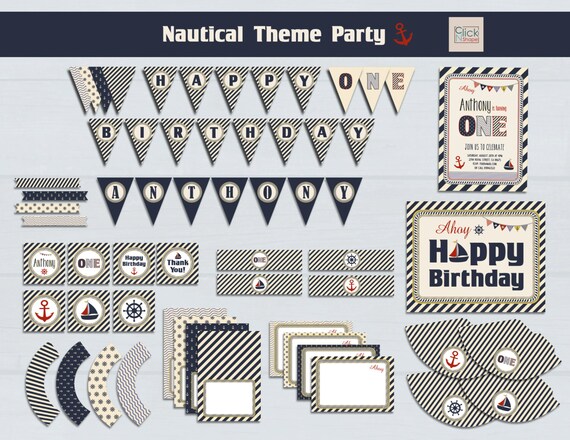 Nautical Birthday Party Pack // Boy First Birthday Party Pack // Nautical Theme Pack // Nautical Birthday Invitation // Printable Party Pack