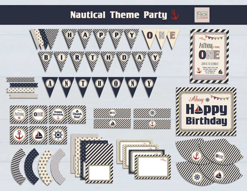 Nautical Birthday Party Pack Boy First Birthday Party Pack Nautical Theme Pack Nautical Birthday Invitation Printable Party Pack