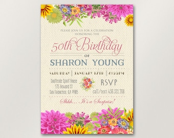40th, 50th, 60th, 70th, 80th Floral Birthday Invitation, Bouquet, Woman Birthday Party Invitation, Surprise Birthday Invitation, Flowers