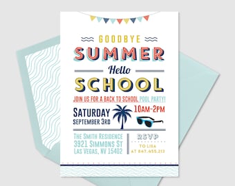 Invitación a la fiesta de regreso a la escuela, fin de verano, fiesta de inicio de clases, fiesta en la piscina, fiesta en la playa, fiesta de verano