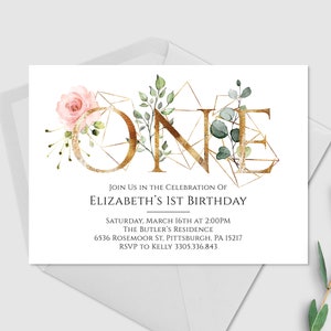 1. Geburtstags-Einladung, druckbare Einladung, Mädchen Geburtstag, geometrische goldenen Buchstaben, ersten Geburtstags-Einladung, Modern, Floral