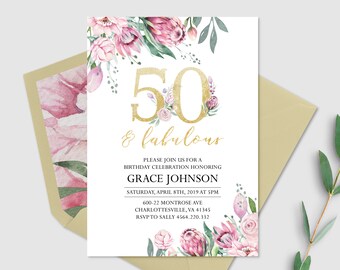 Invitación de cumpleaños número 50, Cumpleaños de mujer con flores en tonos rosados, Invitaciones "Cincuenta y fabulosa", Invitación de cumpleaños floral, Personalizada, Archivo digital