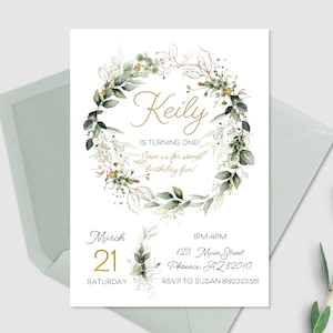 Boho Greenery Geburtstagseinladung, Gold, Blumen erste Geburtstagseinladung, Mädchen 1. Geburtstag, Blumen, eine Geburtstagseinladung, druckbare