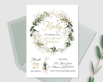 Boho Greenery cumpleaños invitación, oro, invitación floral primer cumpleaños, niña 1er cumpleaños, flores, una invitación de cumpleaños, imprimible