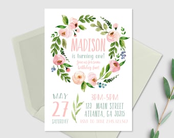 Boho Geburtstagseinladung, Blumen erste Geburtstagseinladung, Mädchen 1. Geburtstag, Blumen, eine Geburtstagseinladungskarte, druckbar, digital
