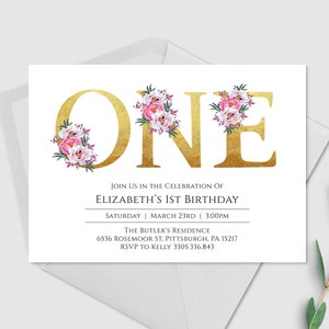 Ersten Geburtstags-Einladung, 1. Geburtstags-Einladung, goldenen Buchstaben, rosa und Gold, Modern, Floral, druckbare Einladung