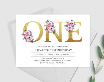 Invitación de primer cumpleaños, invitación de 1er cumpleaños, cartas de oro, rosa y oro, moderno, floral, invitación imprimible