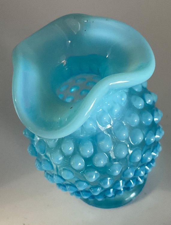 Fenton Hobnail Opalescent Blue Miniature Vase, Ruffled Edge 3.75