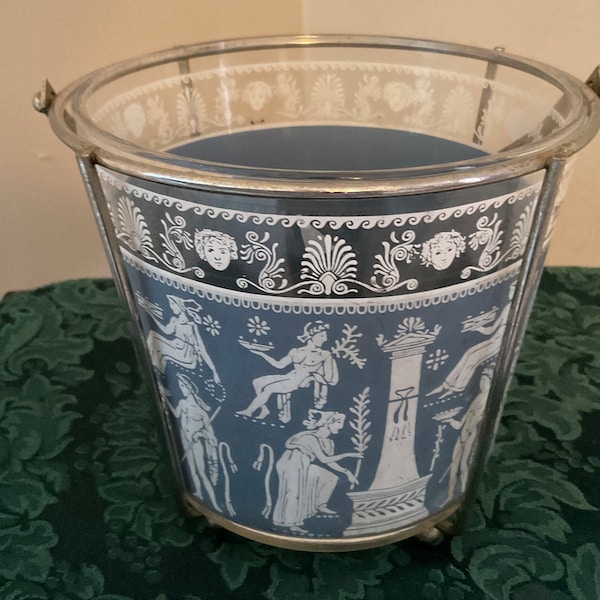 1950’s Jeanette Glass Blue Wedgewood, Grecian Hellenic Ice Bucket and Metal Holder