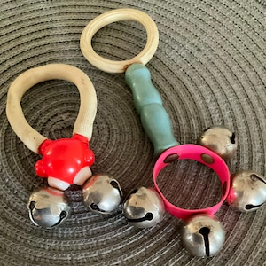 Vintage Baby Rattle, Wooden Handle Rattle, Bells , Toddler Toys, Pair of Rattles