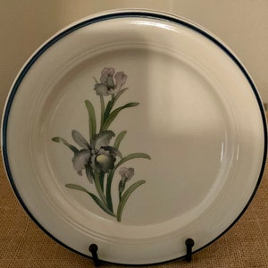 May include: White ceramic dinner plate with a blue rim and a floral design featuring purple and green irises.