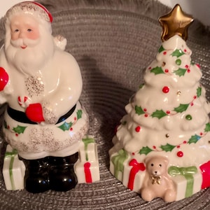Lenox Santa and Tree Salt & Pepper Shakers Set, Holly and Berries, Santa Clause, Old St. Nick, Christmas Tree