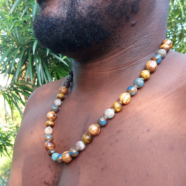 African earthy colors unisex long necklace with precious stones and olive wood beads, gift for her/him